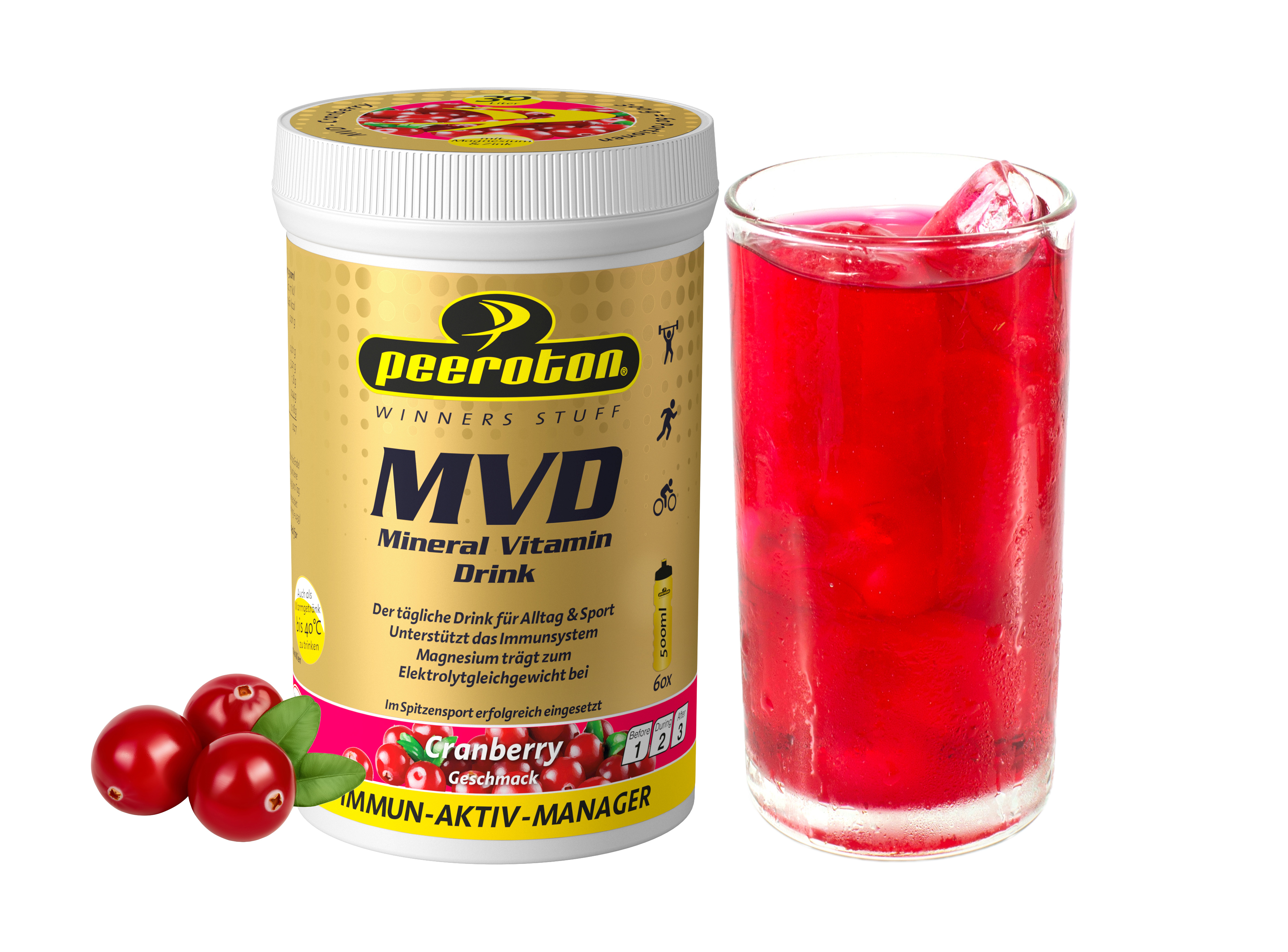 Peeroton MVD Mineral Vitamin Drink 300g Cranberry_plus_Glas_Früchte